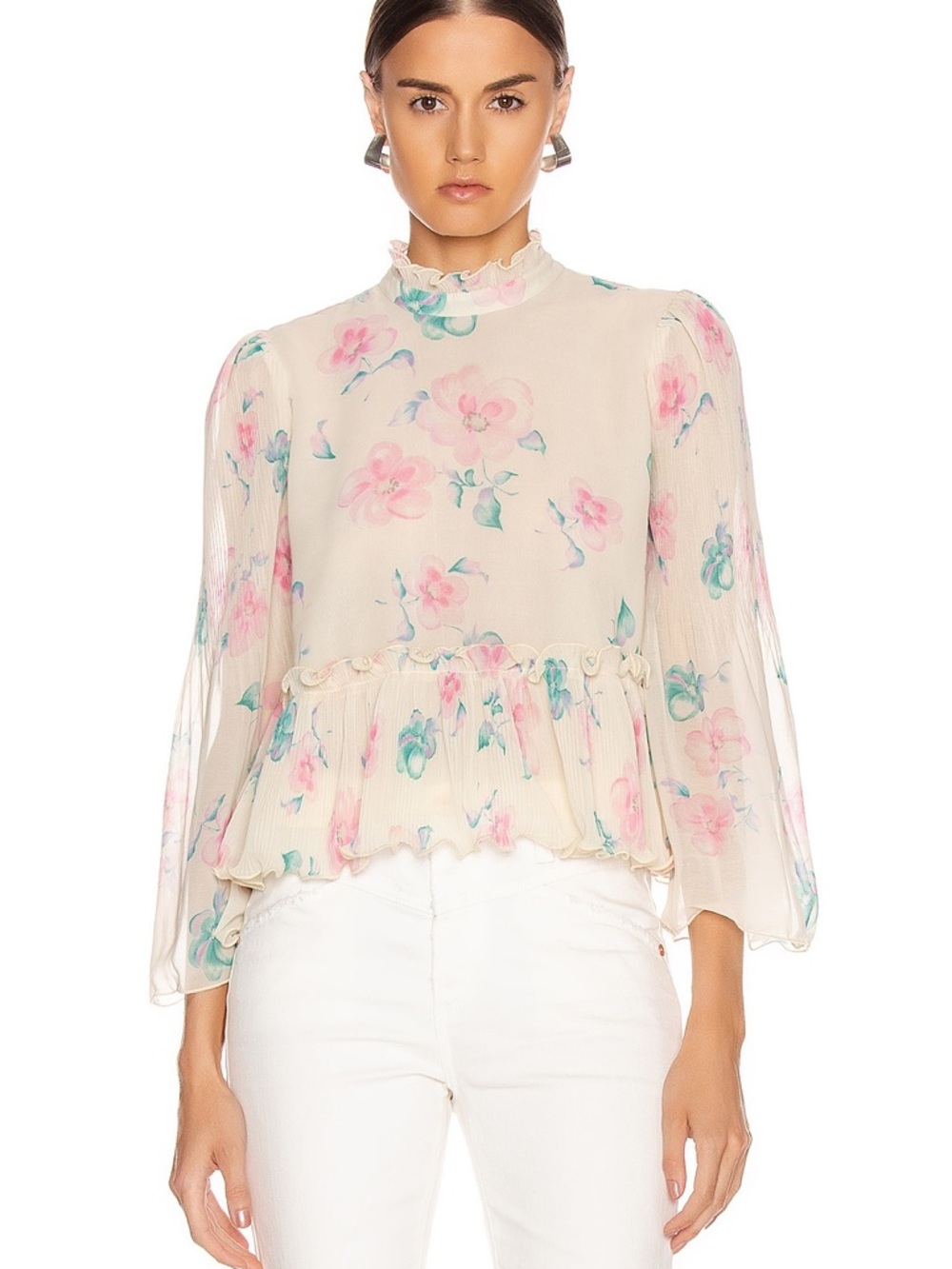 GANNI Pleated Georgette Floral High-Neck Blouse in Blush Pink size 32 or small